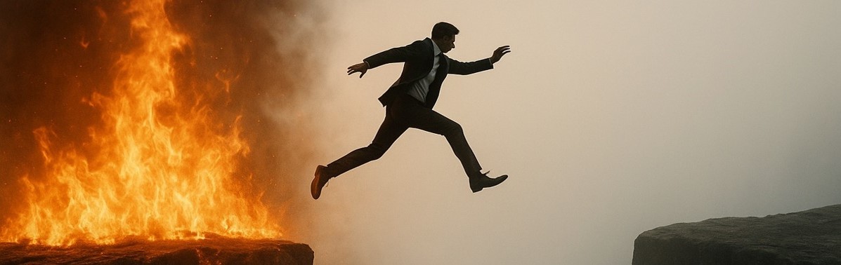 Führen am Limit - ein Mann in Anzug springt von einer Klipp, auf der es brennt einen weiten Sprung auf eine rettende andere Klippe